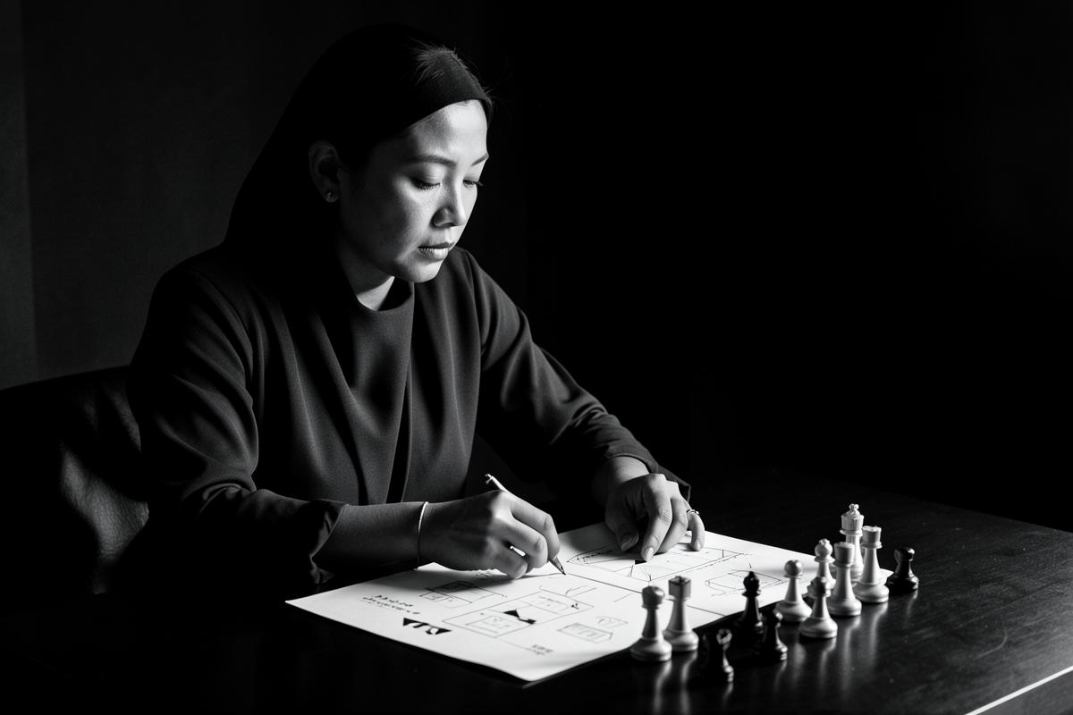 Wanita menyusun perhitungan risiko di meja strategi