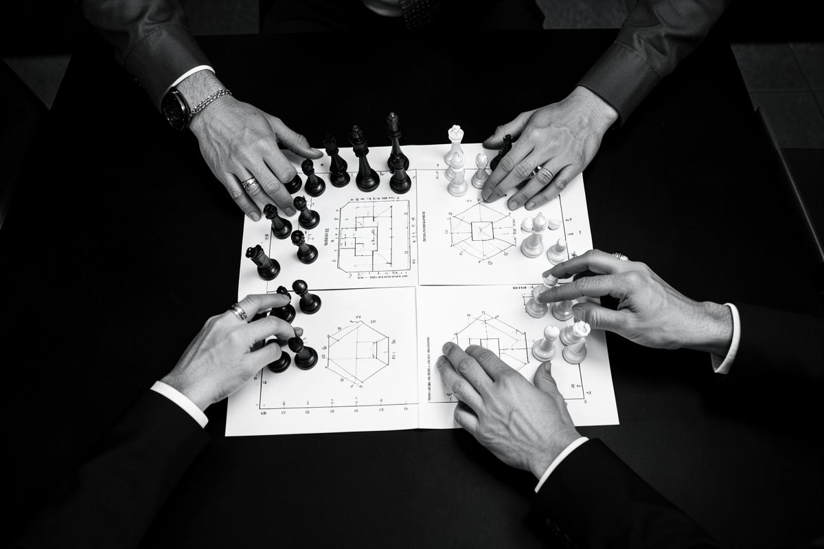 Tangan menyusun bidak catur dan diagram strategi